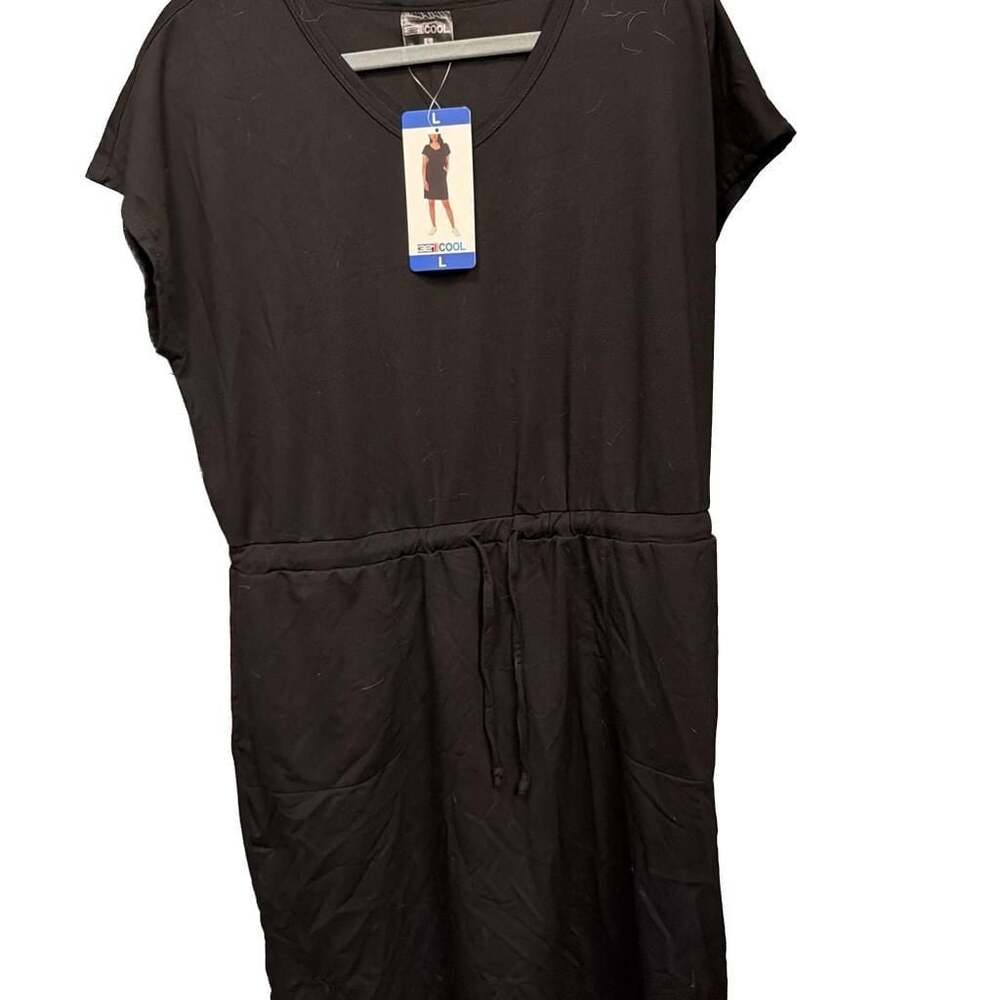 32 Degrees Cool Soft Lux Short Sleeve Ruched Drawstring Waist Dress Black - Picture 1 of 4